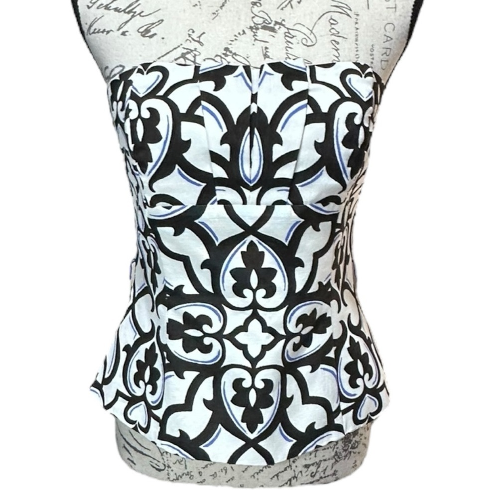 WHBM Bustier White, Black and Blue Damask Print Top Size 6